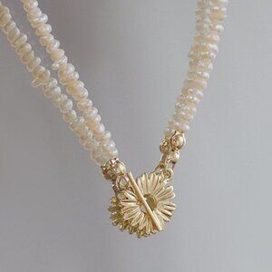 NEW 14K Gold Plated Fresh Water Pearl Sunflower Bar Toggle Necklace